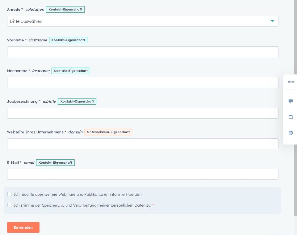 Screenshot aus HubSpot: ein Webformular mit zwei Kontrollkästchen. Eines für das OptIn zum Newsletter, eines mit der rechtlichen Grundlage zur Datenverarbeitung