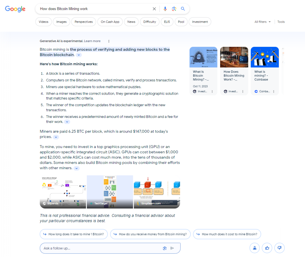 Screenshot aus Google Search Generative Experience: Die Frage "Wie funktioniert Bitcoin Mining" hat eine KI-Antwort ausgelöst.