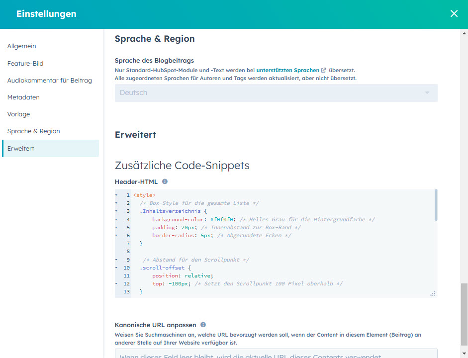 Screenshot aus HubSpot Blogbeitrag: Einfügen des CSS-Codes im Bereich für individuelles CSS-Styling