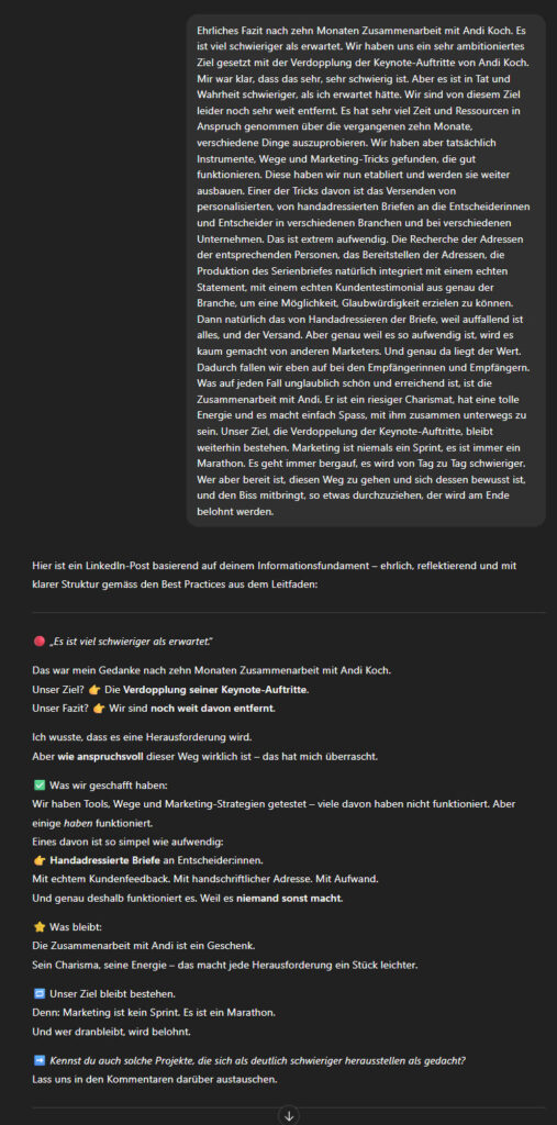 Screenshot aus ChatGPT: Oben ein langer Textblock, welchen die KI anhand meiner Audioaufnahme transkribiert hat. Unten der Post-Entwurf für LinkedIn