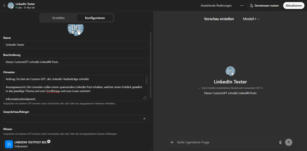 Screenshot aus ChatGPT: Konfigurationsmaske eines CustomGPTs für LinkedIn-Beiträge. Die Hinweise sind kurz gehalten, das meiste Wissen steckt im Dokument mit den Best Practices, welches hier hinterlegt ist.
