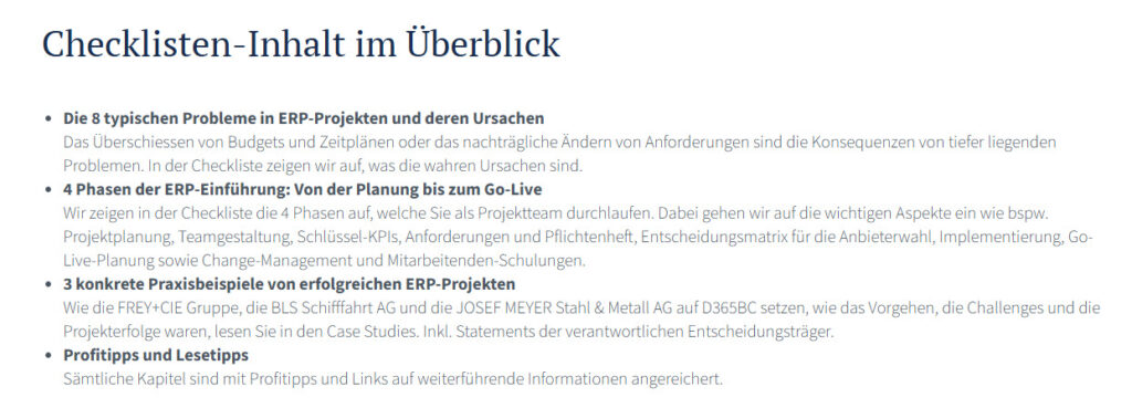 Beispiel Leadmagnet: Screenshot der Sektion mit dem Inhalt der Chckliste im Schnellüberblick. Bulletpoint-Liste, die mit sofort fassbaren Zahlen arbeitet.