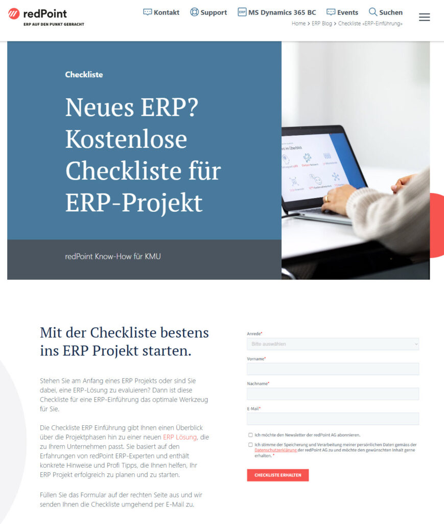Beispiel Leadmagnet Screenshot von redPoint-Webseite: Eine einfache Download-Seite mit Titel und einem kurzen Textabschnitt und dem Formular.