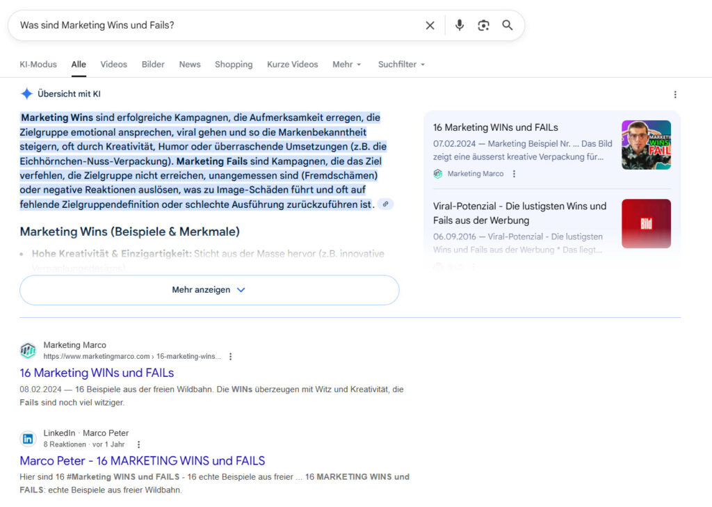 Beispiel einer AIO-Antwort auf die Frage "Was sind Marketing Wins und Fails"?. Google zeigt eine KI-generierte Antwort an und zitiert dabei den Blogbeitrag mit den 16 Marketing WINs und FAILs.